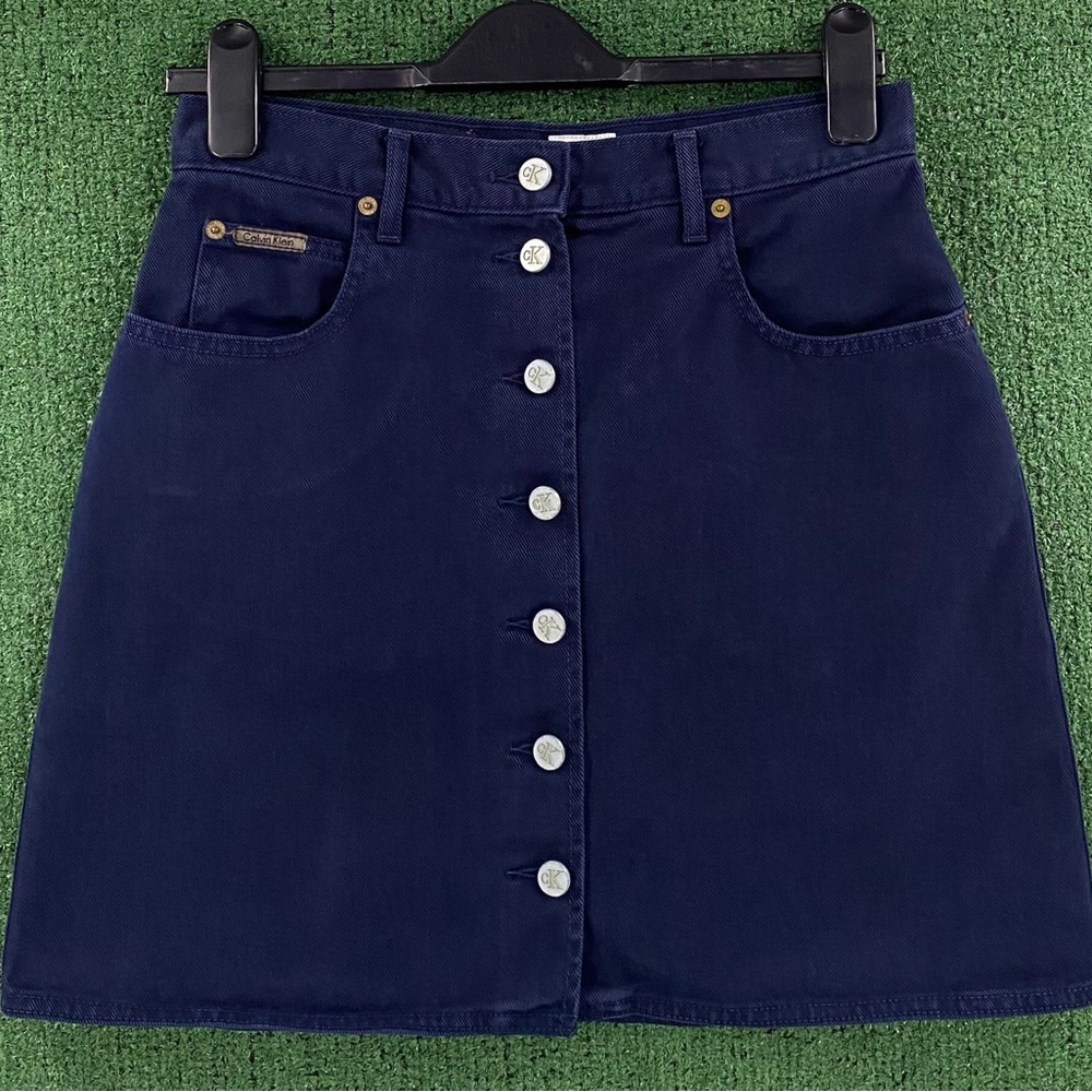 VTG 90’s CK Calvin Klein Button Front Navy Jean Skirt Women’s 28” Waist USA Made